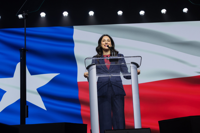 Hinojosa speaks at the Texas Democratic Convention in Corpus Christi on June 26, 2026.