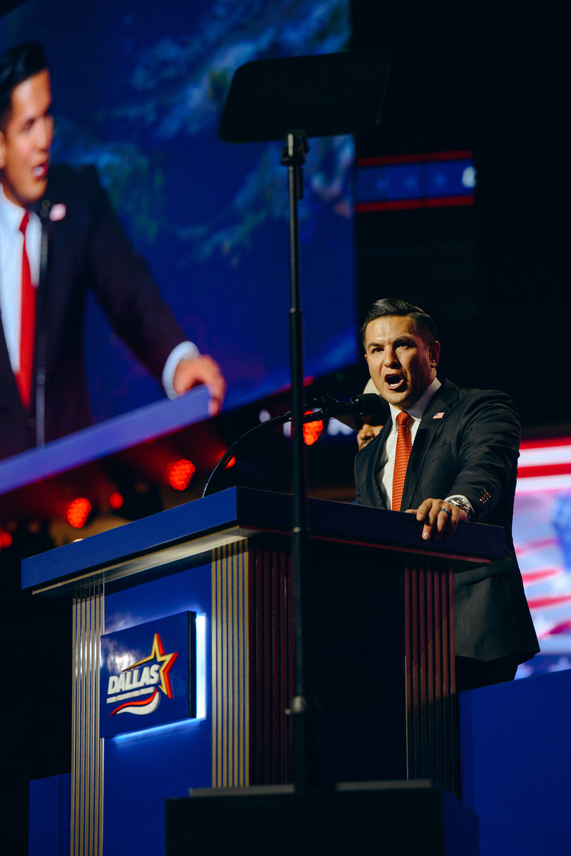Eric Flores, candidate for Texas’ 34th congressional district, speaks at the 2026 Republican Convention in Dallas, Texas on Sept. 10, 2026.