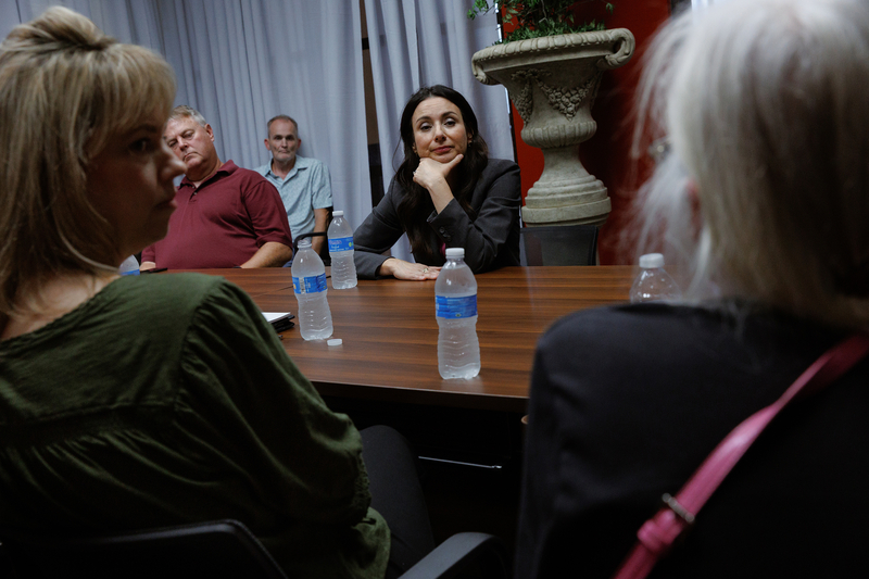 Texan voters address their concerns with data centers to Democratic gubernatorial nominee Gina Hinojosa in Corsicana on Sept. 29, 2026. Corsicana is home to the RIOT data center, one of the largest single-site data center developments in North America, and there are more planned data centers and power plants planned for the area. (Michael Ellis speaking in center)