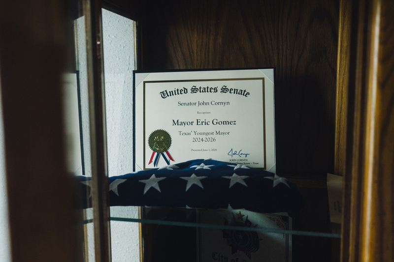 A certificate from the United States Senate recognizes the Mayor of Sabinal Erik Gomez as the youngest mayor in Texas.