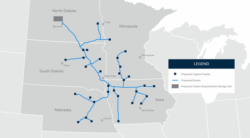 A map of Summit Carbon Solution's proposed carbon-capture pipeline. (Courtesy of Summit Carbon Solutions)