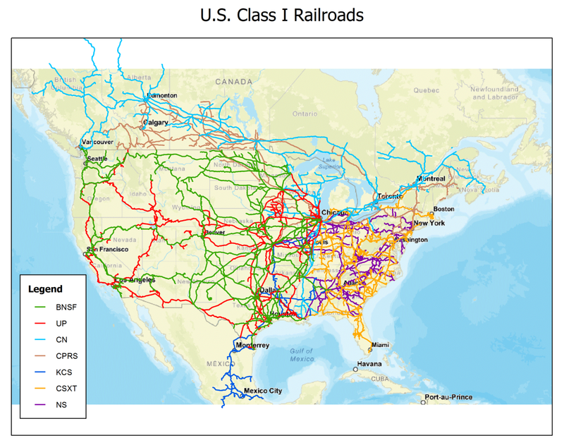 Rail owned by the seven Class I freight railroads: BNSF, Canadian National, Canadian Pacific, CSX, Kansas City Southern, Norfolk Southern and Union Pacific. (Map created with a U.S. Federal Rail Administration tool by Jacob Fischler/States Newsroom. Data from the U.S. Federal Rail Administration.)