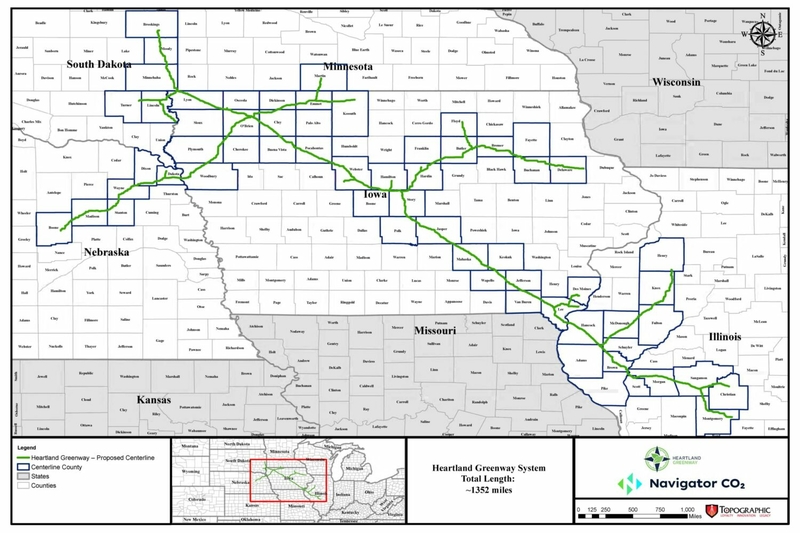 The route of the proposed Heartland Greenway pipeline. (Courtesy of Navigator CO2)