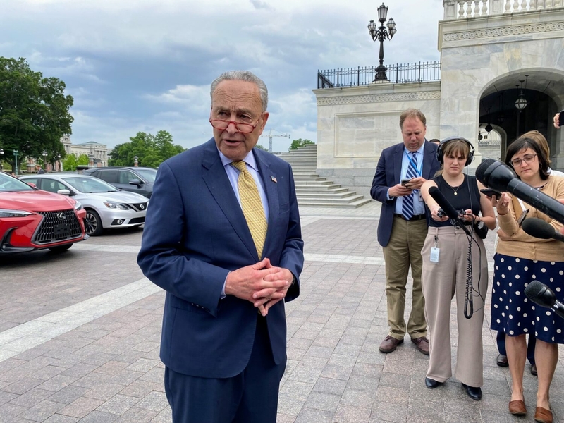 Senate Majority Leader Chuck Schumer at the U.S. Capitol following a White House meeting on the debt limit, May 16, 2023. (Jennifer Shutt/States Newsroom)