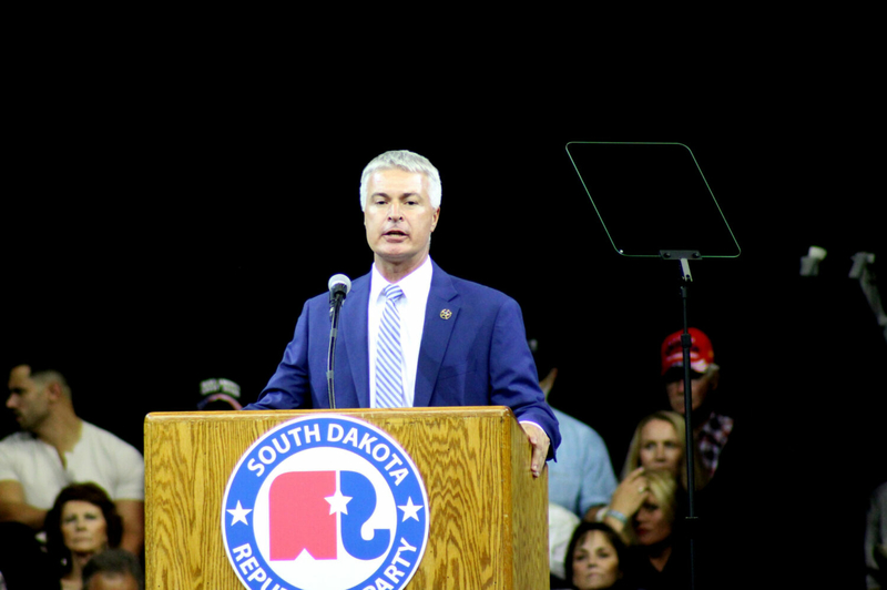 Attorney General Marty Jackley speaks during a rally featuring former President Donald Trump on Sept. 8, 2023, at The Monument in Rapid City. (Seth Tupper/South Dakota Searchlight)