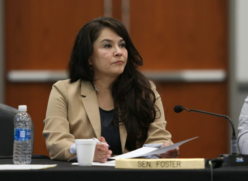 Sen. Red Dawn Foster, D-Pine Ridge, at a meeting of the State-Tribal Relations Committee in Flandreau on July 31, 2023. (Makenzie Huber/South Dakota Searchlight)