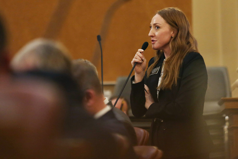 Rep. Kadyn Wittman, D-Sioux Falls, speaks on the House floor on Jan. 16, 2024. (Makenzie Huber/South Dakota Searchlight)