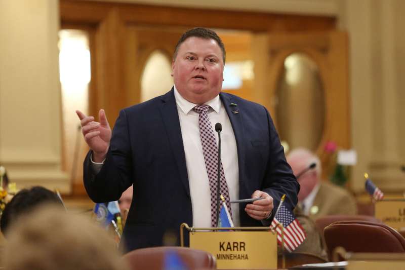 State Rep. Chris Karr, R-Sioux Falls, speaks in the House chamber on Feb. 7, 2024. (Makenzie Huber/South Dakota Searchlight)
