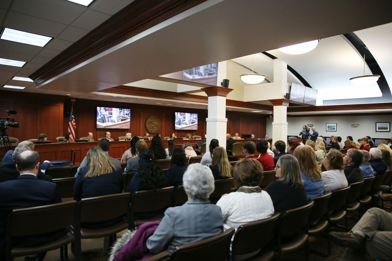 Members of the public listen to testimony during a House State Affairs Committee meeting on Feb. 7, 2024. (Makenzie Huber/South Dakota Searchlight)