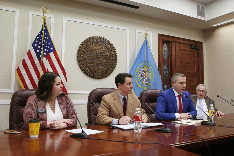 (Left to right) House Assistant Majority Leader Taylor Rehfeldt, R-Sioux Falls; House Majority Leader Will Mortenson, R-Fort Pierre; Senate Majority Leader Casey Crabtree, R-Madison; and Senate Pro Tem Lee Schoenbeck, R-Watertown speak to the media during a Republican leadership conference on March 6, 2024. (Makenzie Huber/South Dakota Searchlight)