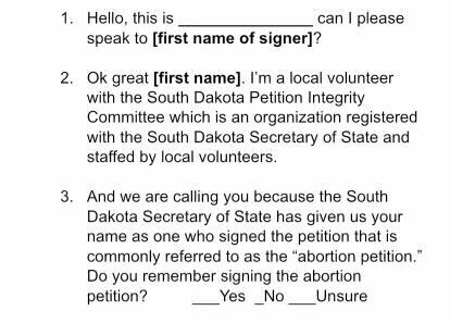 A script used by callers contacting signers of an abortion-rights petition. (Courtesy of Rep. John Hansen)
