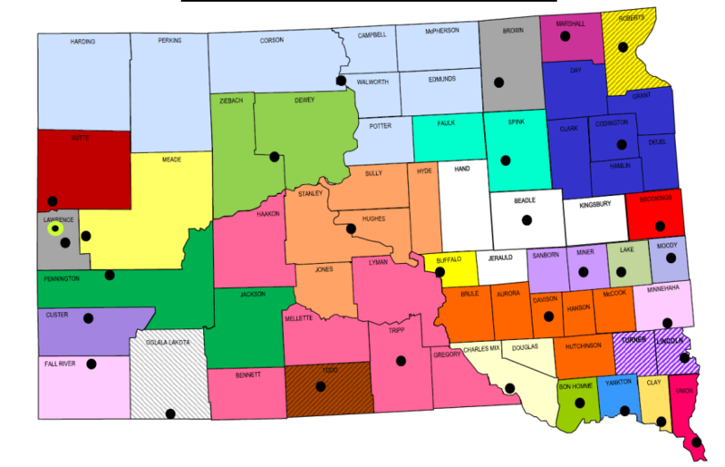 A map of South Dakota dispatch center locations and their coverage area. (Courtesy of South Dakota Department of Public Safety)