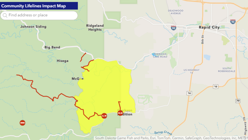 A map of the First Thunder Fire pre-evacuation notification area (in yellow) and closed roads (in red) as of the early afternoon on Sept. 3, 2024. (Courtesy of Pennington County)