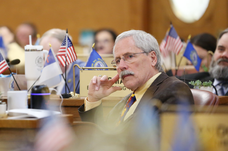 Rep. Phil Jensen, R-Rapid City, listens to a speaker on the South Dakota House floor on March 3, 2025, at the Capitol in Pierre. (Photo by Makenzie Huber/South Dakota Searchlight)