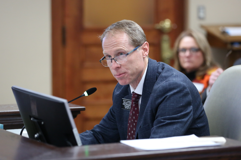 State Rep. Scott Odenbach, R-Spearfish, speaks to the South Dakota Senate's Agriculture and Natural Resources Committee on March 4, 2025, at the Capitol in Pierre. (Photo by Makenzie Huber/South Dakota Searchlight)