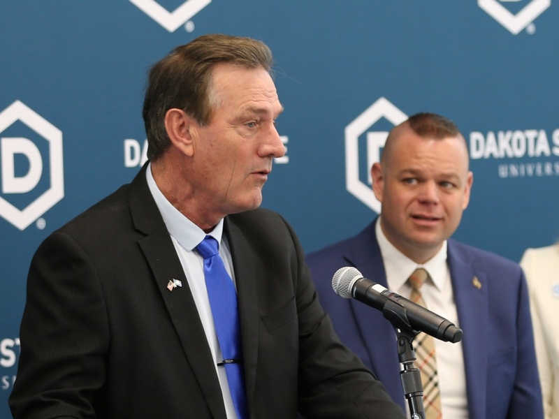 South Dakota Gov. Larry Rhoden speaks during a press conference with Reid Rasner, who says he's made a bid for TikTok, on May 23, 2025, at Dakota State University in Madison. (John Hult/South Dakota Searchlight)
