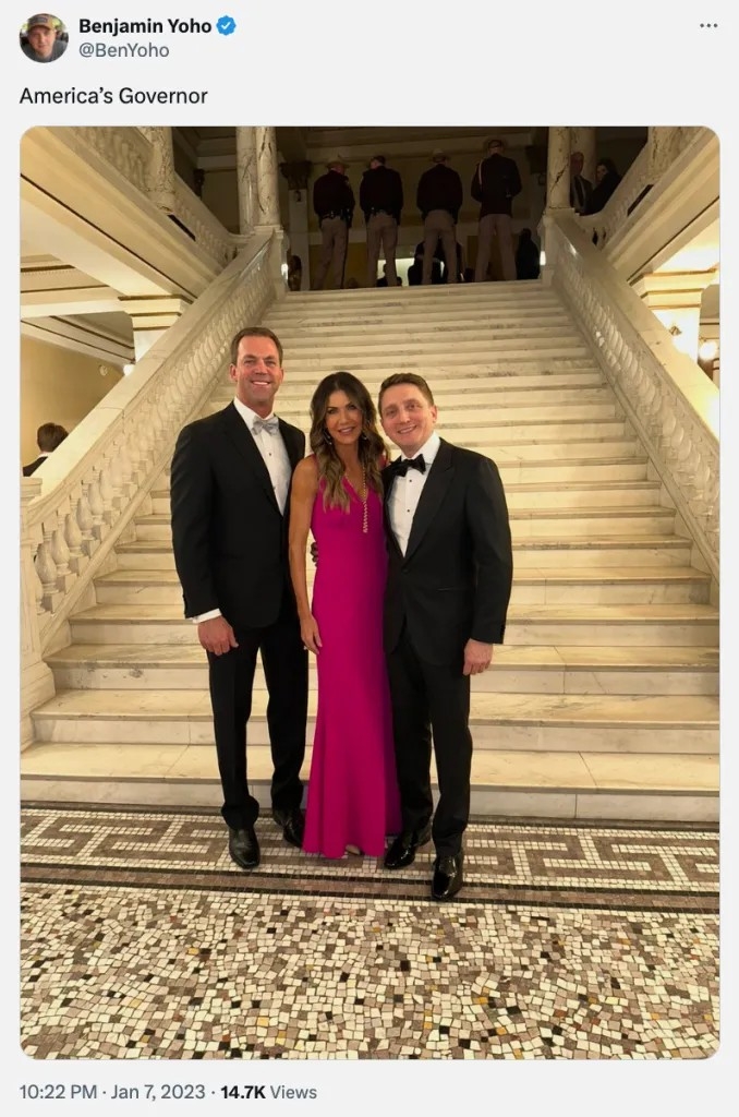 Ben Yoho shared a photo of himself with Noem and her husband, Bryon, at Noem’s 2023 inauguration in South Dakota. (Benjamin Yoho via X)