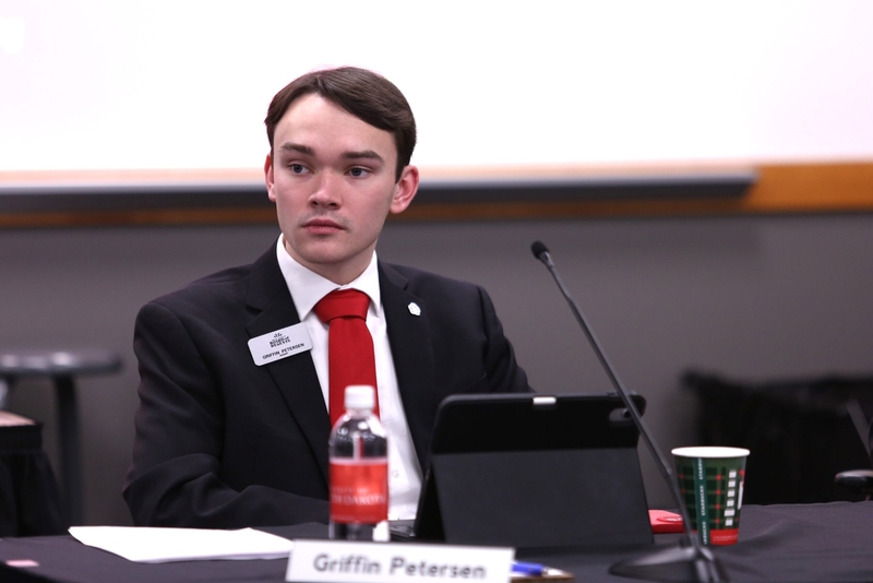 South Dakota Board of Regents Student Representative Griffin Petersen listens at the board's Sioux Falls meeting on Dec. 11, 2025. (Photo by Makenzie Huber/South Dakota Searchlight)