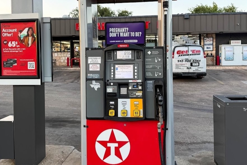 A Mayday Health advertisement stands atop a gas pump during a 2025 campaign in West Virginia and Kentucky. The organization posted similar ads in South Dakota. (Courtesy of Mayday Health)