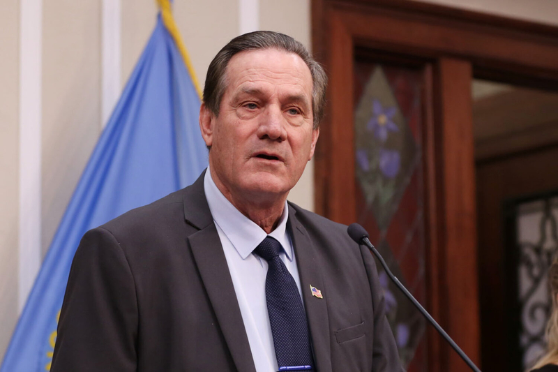 South Dakota Republican Gov. Larry Rhoden speaks to members of the media at the Capitol in Pierre on Feb. 12, 2026. (Photo by Makenzie Huber/South Dakota Searchlight)