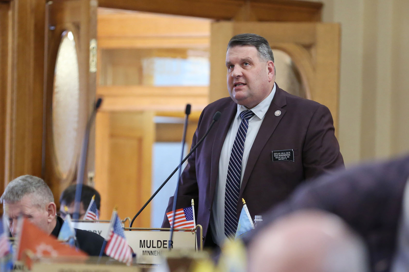 Rep. Brian Mulder, R-Sioux Falls, speaks on the House floor at the Capitol in Pierre on March 9, 2026. (Photo by Makenzie Huber/South Dakota Searchlight)