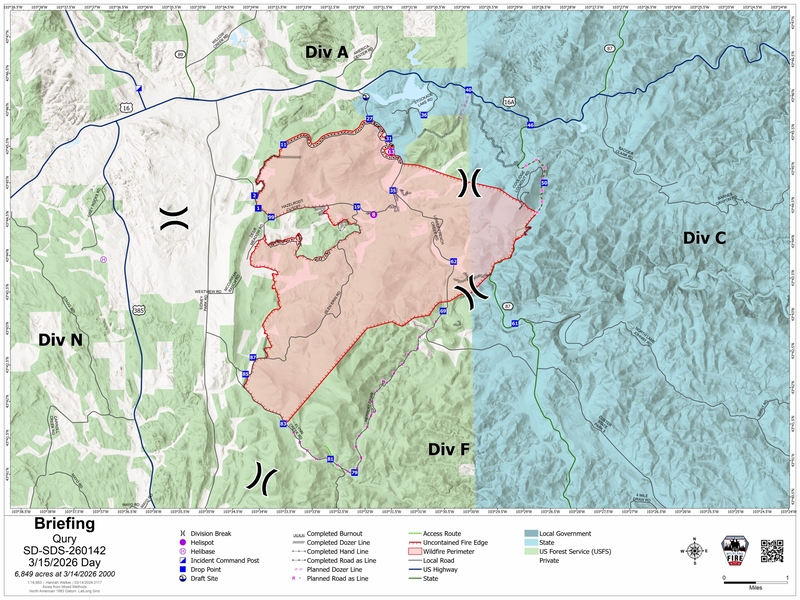 A map of the Qury Fire provided by the U.S. Forest Service on the morning of March 15, 2026.