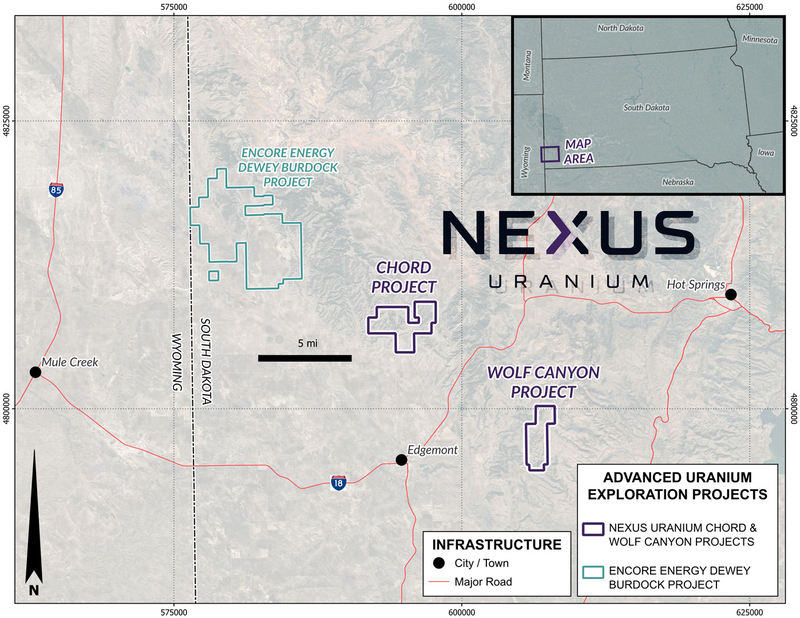 A map of Nexus' Chord project land in relation to other exploration and mining projects in southwestern South Dakota. (Courtesy Nexus Uranium)