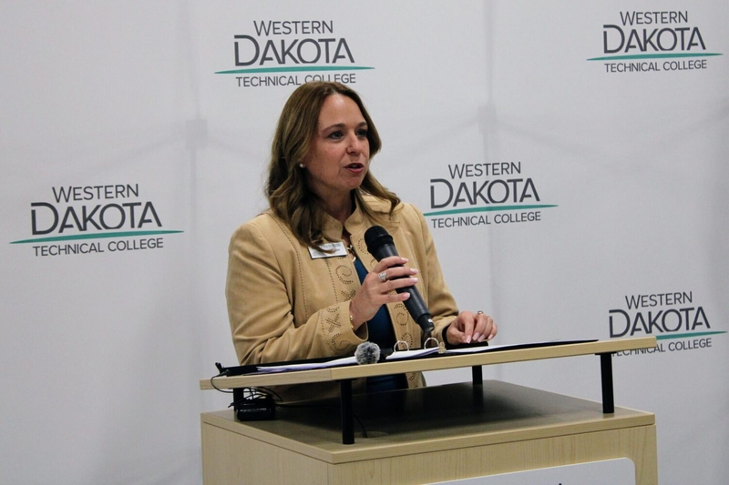 Kendra Ericson, president of Western Dakota Technical College, speaks to the media on April 14, 2026, at the college in Rapid City. (Photo by Seth Tupper/South Dakota Searchlight)
