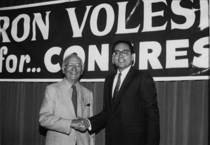 Former state lawmaker Ron Volesky (right) shakes hands with former U.S. Congressman Ben Reifel at a U.S. congressional campaign rally in 1986. Reifel was the only Native American in Congress during the 1960s. (Courtesy of Ron Volesky)
