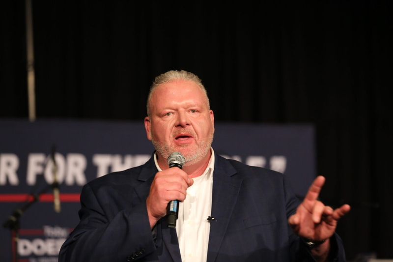 Republican candidate for governor Toby Doeden gives a speech to a room full of supporters in Sioux Falls on June 3, 2026. (Photo by Joshua Haiar/South Dakota Searchlight)