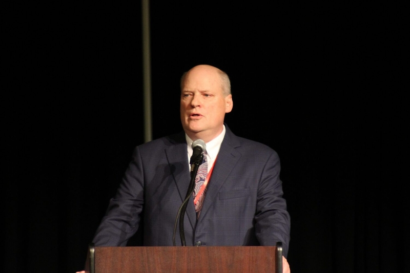 Fall River and Oglala Lakota County State's Attorney Lance Russell addresses the South Dakota Republican Convention on June 27, 2026, at The Monument events center in Rapid City just prior to winning the party's nomination for attorney general. (Photo by Seth Tupper/South Dakota Searchlight)