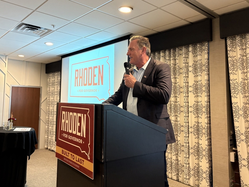 Republican Gov. Larry Rhoden speaks at his Primary Election watch party in Rapid City South Dakota on June 2, 2026. (Photo by Meghan O'Brien/South Dakota Searchlight)