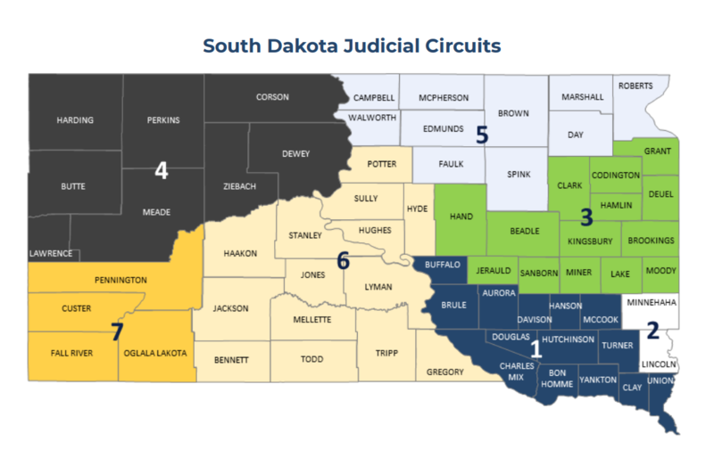 Map shows South Dakota's seven circuit courts. The Unified Judicial System is proposing merging the Fourth and Seventh circuit courts in western South Dakota. (Courtesy of the Unified Judicial System)