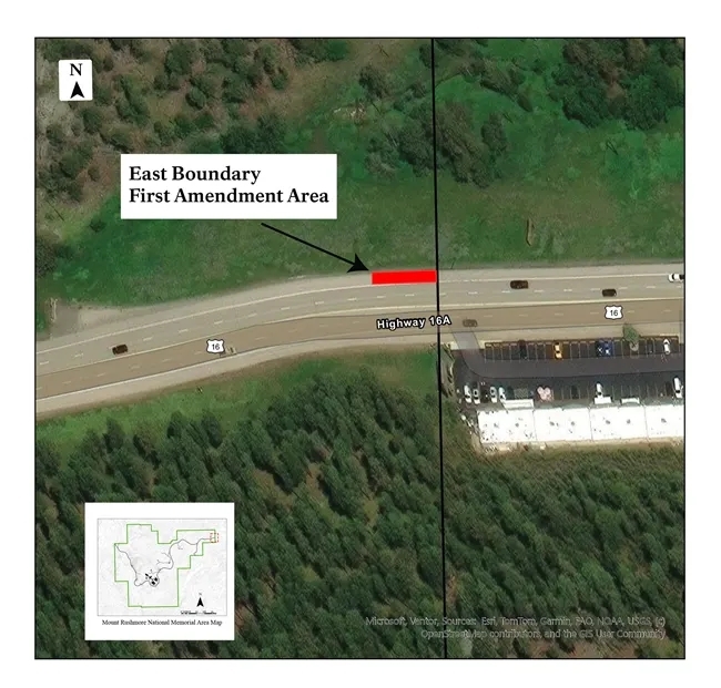 The location of a First Amendment area for the July 3, 2026, fireworks event at Mount Rushmore. The area is about 2 miles below the entrance to the national memorial, on the western edge of the town of Keystone. (Courtesy of NPS)