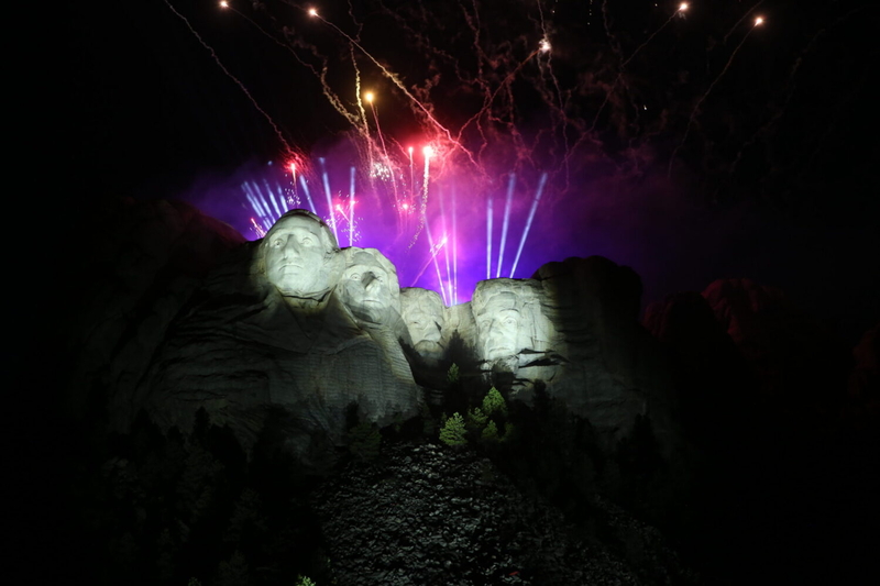 Fireworks explode above Mount Rushmore National Memorial on July 3, 2026, after a speech by President Donald Trump to mark the 250th anniversary of the founding of the United States. (Photo by Meghan O'Brien/South Dakota Searchlight)