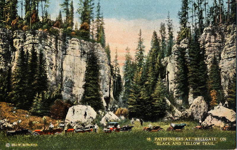 Travelers drive on the "Black and Yellow Trail," or what is now U.S. Highway 85 in the northern Black Hills in 1913. (Photo by W.B. Perkins, courtesy of Paul Horsted)