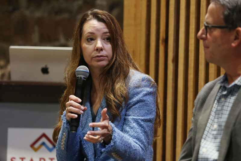 Crystal Lail, CFO of NorthWestern Energy, speaks at the Sioux Falls Metro Economic Briefing in downtown Sioux Falls on Sept. 24, 2026. (Photo by Makenzie Huber/South Dakota Searchlight)