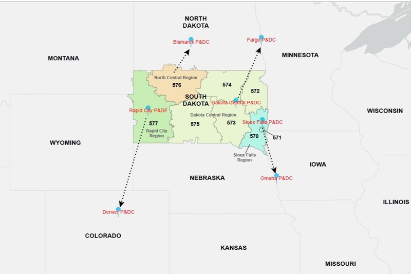 A map shows where mail in South Dakota has gone for out-of-state processing since the Postal Service consolidated regional processing and distribution centers. (Courtesy of Postal Service Office of Inspector General)