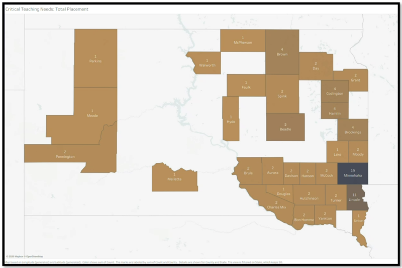 A map shows where grant recipients are working in South Dakota. Most awardees work in Minnehaha and Lincoln counties, which include the Sioux Falls metro area (Courtesy of the South Dakota Board of Regents)