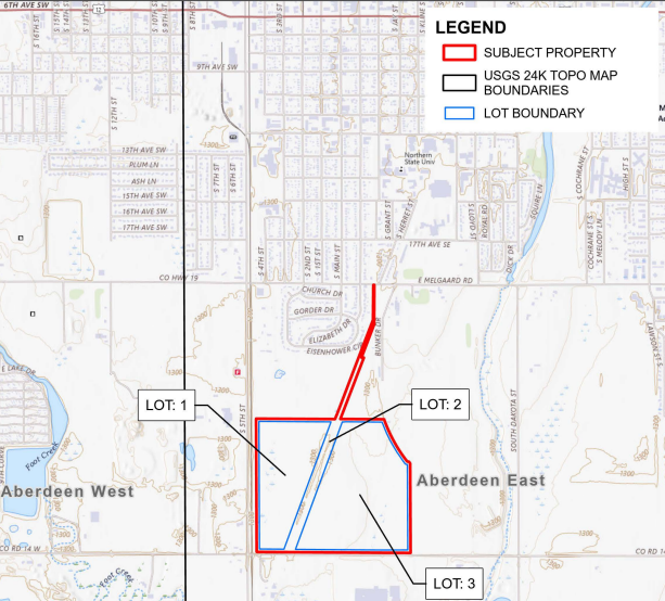 A map of the proposed site for NorthWestern Energy's 131 megawatt natural gas power plant just south of Aberdeen. (Map courtesy of the Public Utilities Commission)