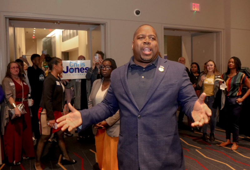 Democratic candidate for governor Chris Jones speaks to supporters at an election watch party at Robinson Center in downtown Little Rock Tuesday night. (John Sykes/Arkansas Advocate/11/08/202)