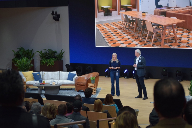Cindi Marsiglio, senior vice president of corporate real estate, and Dan Bartlett, executive president of corporate affairs, highlight aspects of Walmart's new corporate campus during a celebration event
