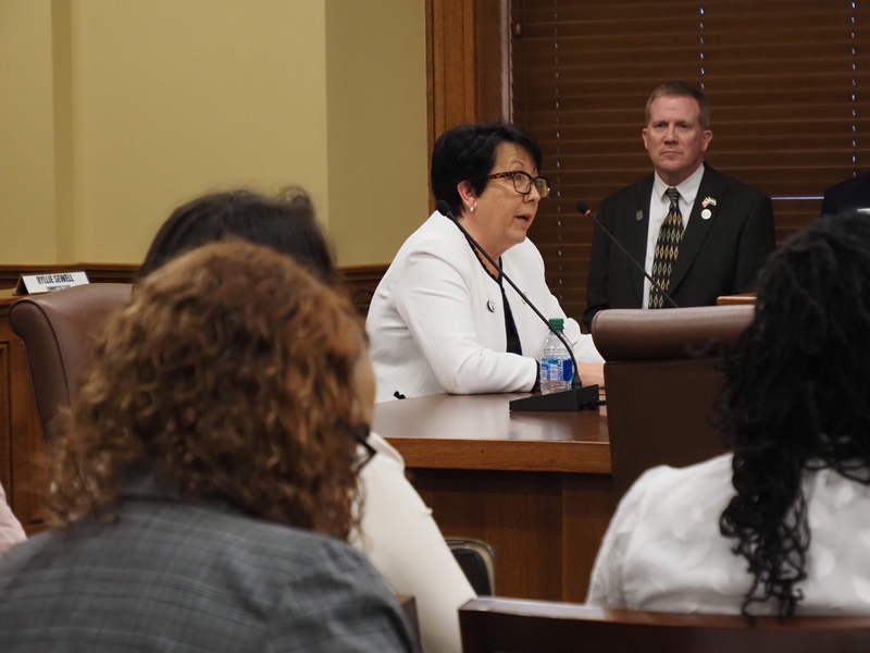 Rep. Mary Bentley, R-Perryville, presents House Bill 1180 to the House Education Committee