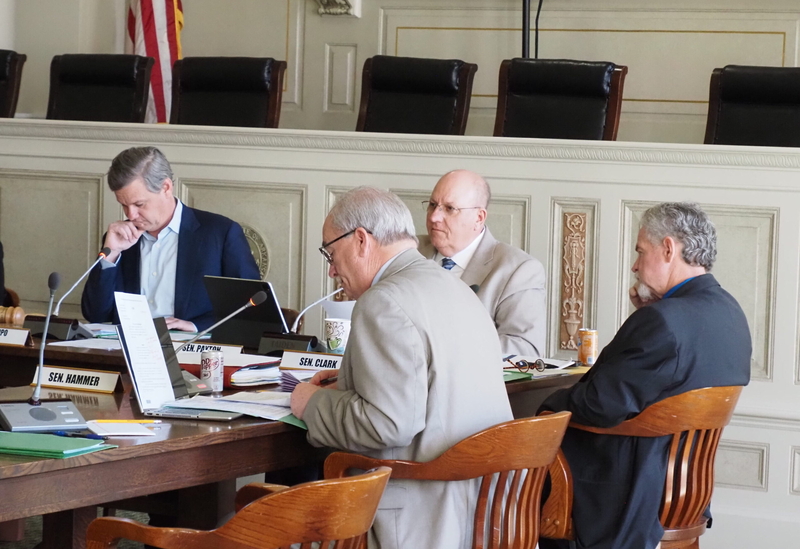 Four Republican members of the Senate Committee on State Agencies and Governmental Affairs listen to discussion on Feb. 27, 2025. From left: committee chairman Sen. Scott Flippo of Bull Shoals, Sen. Kim Hammer of Benton, vice chairman Sen. John Payton of Wilburn and Sen. Alan Clark of Lonsdale.