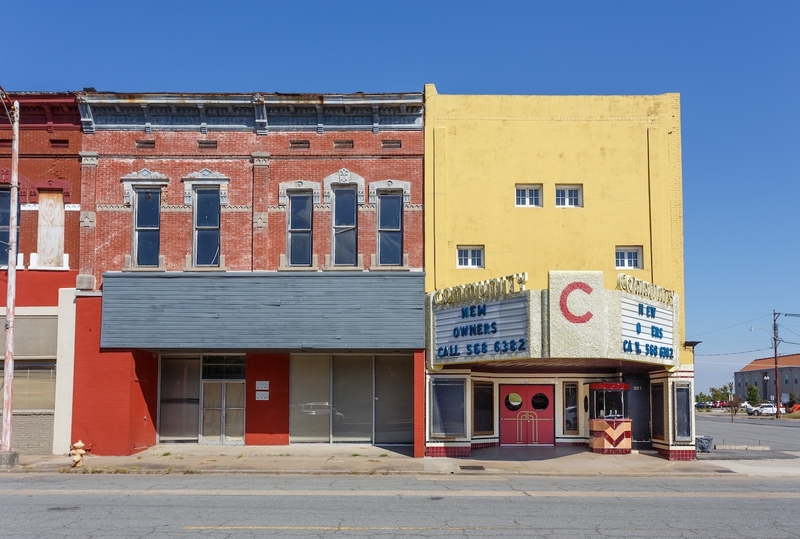This 2022 photo shows an abandoned theater in Pine Bluff, Ark., one of the towns where local officials were told last year that Imola Automotive USA would be building an electric vehicle plant. “We never did get off the ground with that,” former Mayor Shirley Washington told Floodlight.