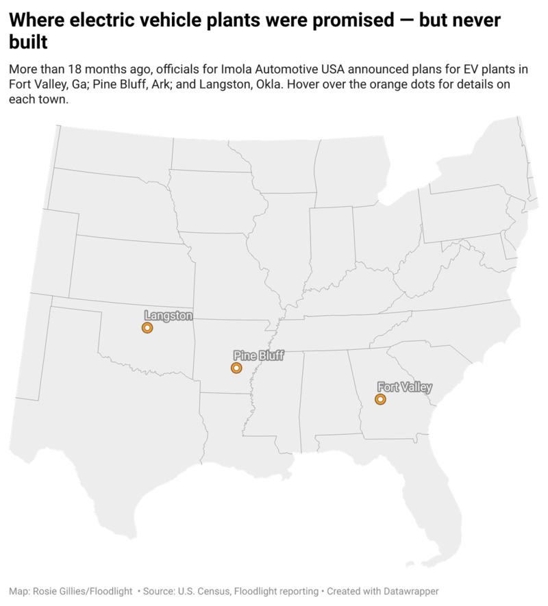 A map shows the location of the three towns where Imola Automotive USA announced plans to build electric vehicle plants based on an Italian automaker's micro-car design. (Floodlight graphic)