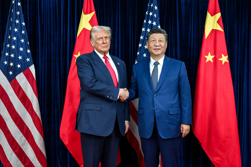 President Donald Trump greets Chinese President Xi Jinping before a bilateral meeting at the Gimhae International Airport terminal, Oct. 30, 2025, in Busan, South Korea.
