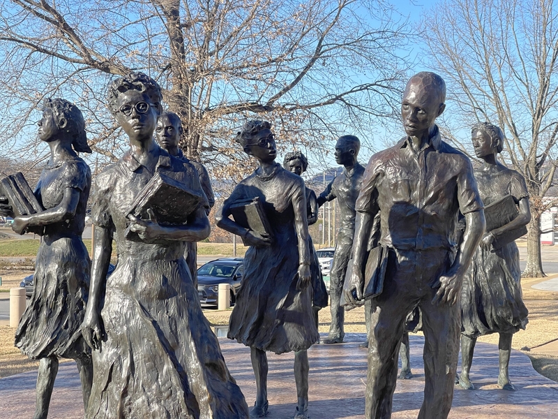 A monument depicts the Little Rock Nine outside the Arkansas Capitol in Little Rock, Arkansas