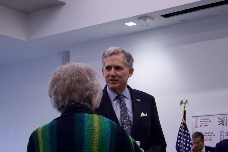 U.S. House Financial Services Committee Chairman Rep. French Hill of Arkansas talks with Little Rock City Director Joan Adcock before a hearing on the Little Rock Housing Authority on March 13, 2026.