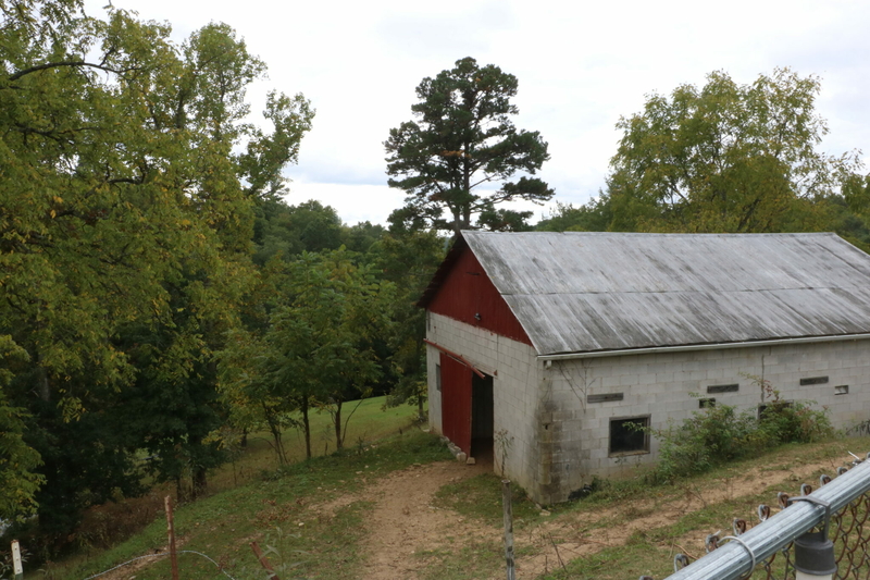 A white and red barn sits on the wooded hillside near the Wolfe-Lee county line.